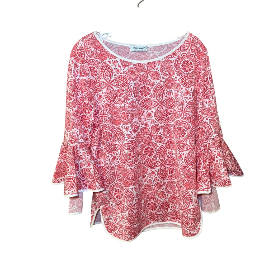 Once & Again Top Women Medium Pink White Paisley Bell Sleeve Tulip Hem  Boho